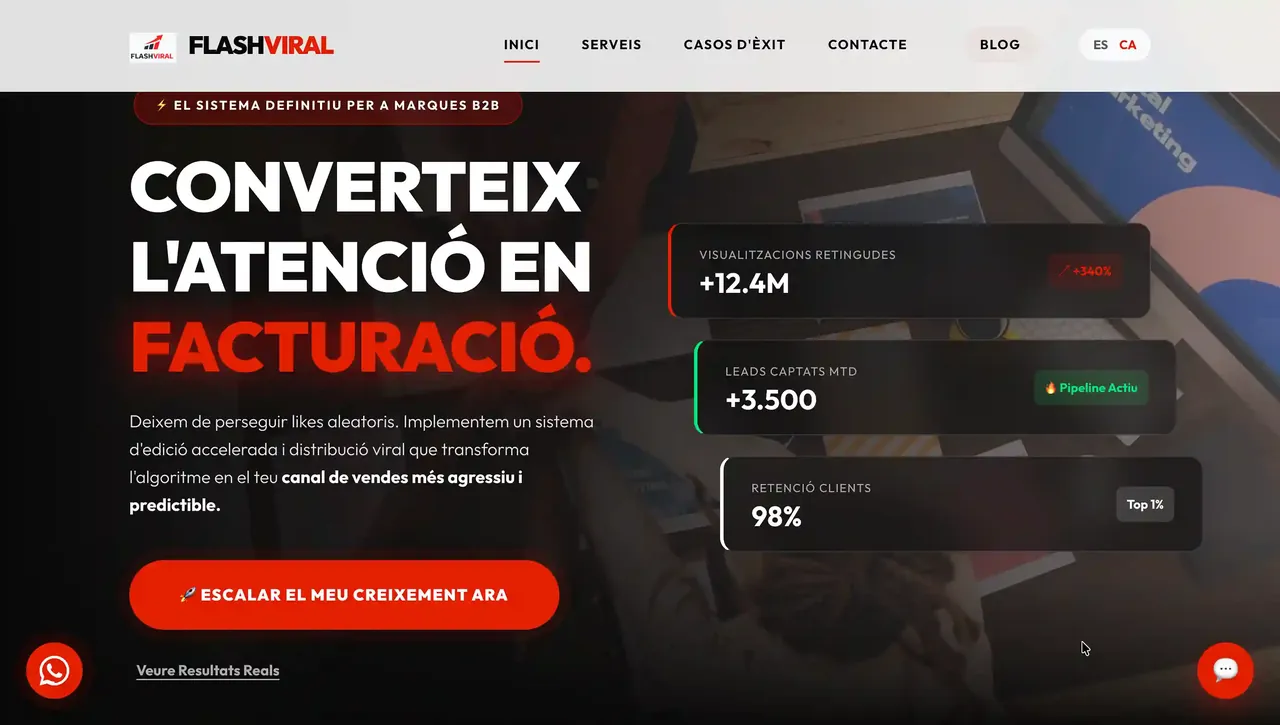 Web d'agència de màrqueting digital FlashViral creada per Elvora